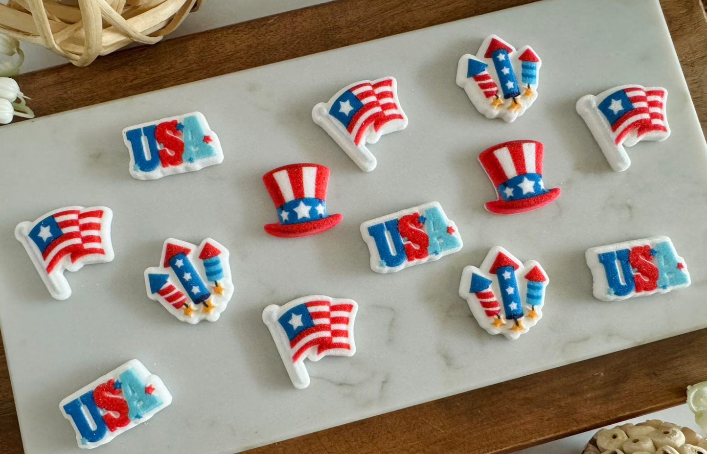 Edible Sugar Decorations-USA, Fireworks, Flag, Hat